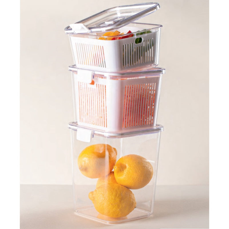 Kit 12 Potes Slim com Cesto Escorredor Para Organizar Frutas e Verduras Geladeira